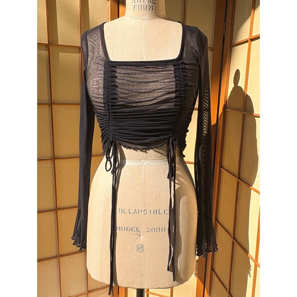Black Sheer Mesh Ruched Front Crop Top Long Sleeve Flare Cuff Small NLT LA Made